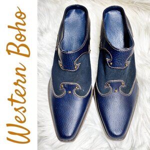 Western Boho Genuine Suede Blue Pointed Toe Mules, Size 7